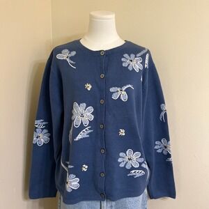 Talbots Womens XL Blue Cotton Knit Floral Embroidered Button Front Cardigan